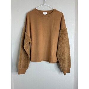Mudpie Sherpa Sleeve Sweatshirt Women’s Small – Tan Teddy Fleece Cozy Pullover